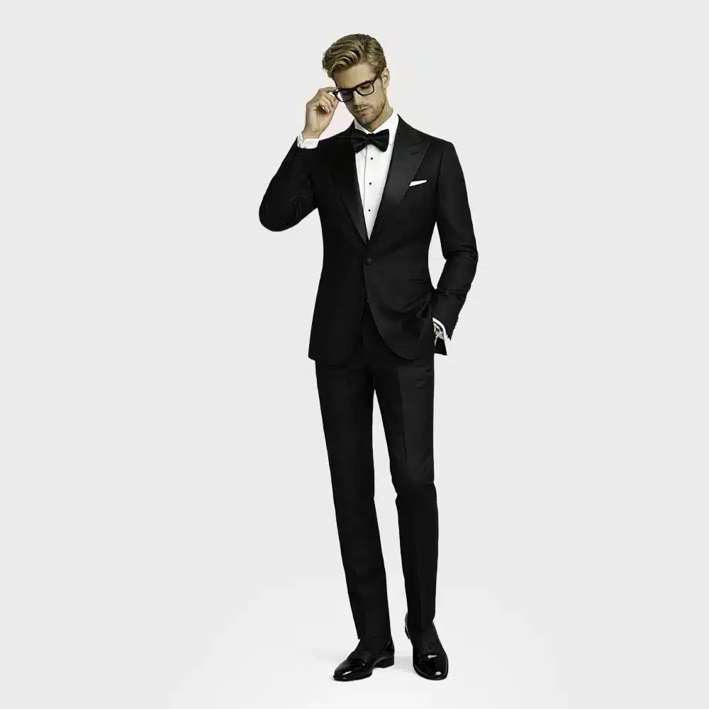 BLACK WOOL BLEND PEAK LAPEL TUXEDO