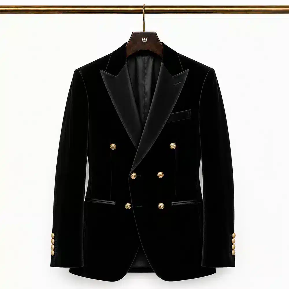 BLACK DOUBLE-BREASTED VELVET TUXEDO JACKET
