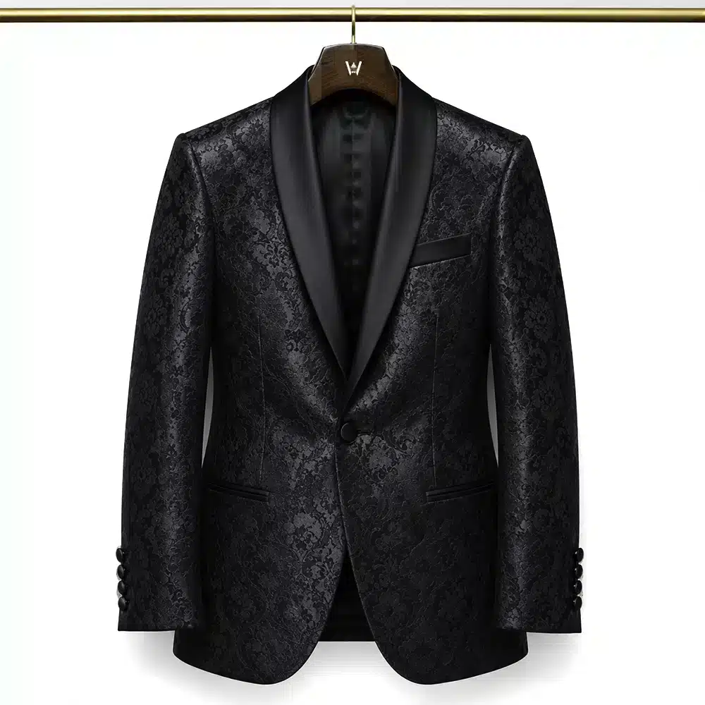 BLACK SILK BLEND DAMASK TUXEDO JACKET