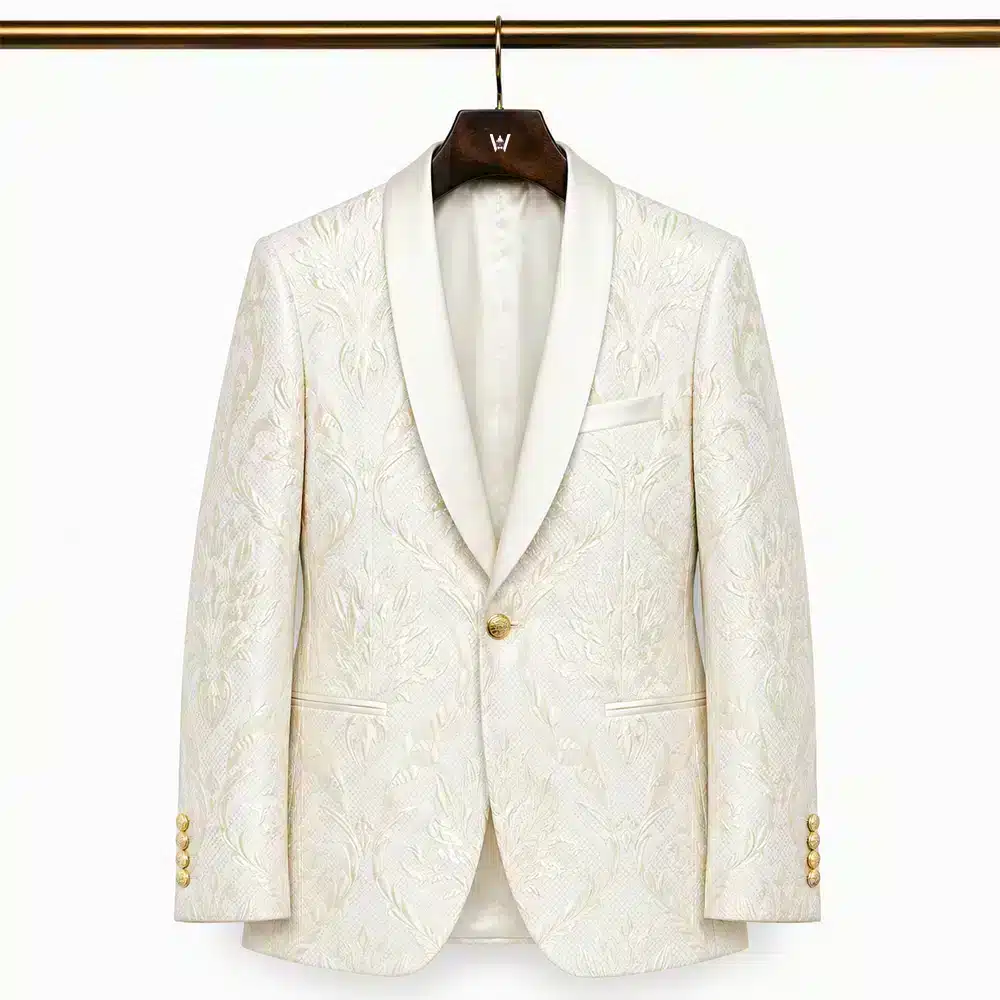 IVORY AND GOLD BROCADE TUXEDO JACKET