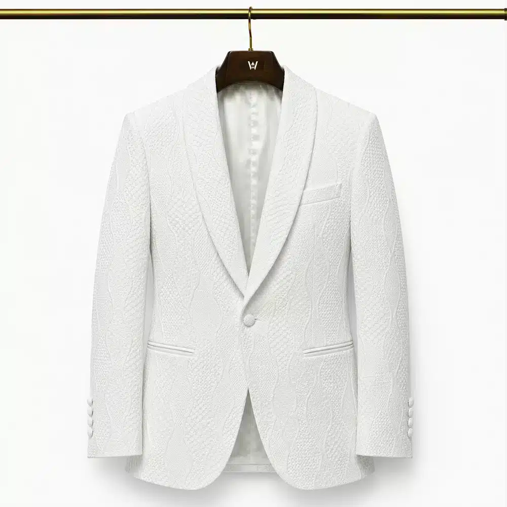 WHITE ABSTRACT PATTERN TUXEDO JACKET