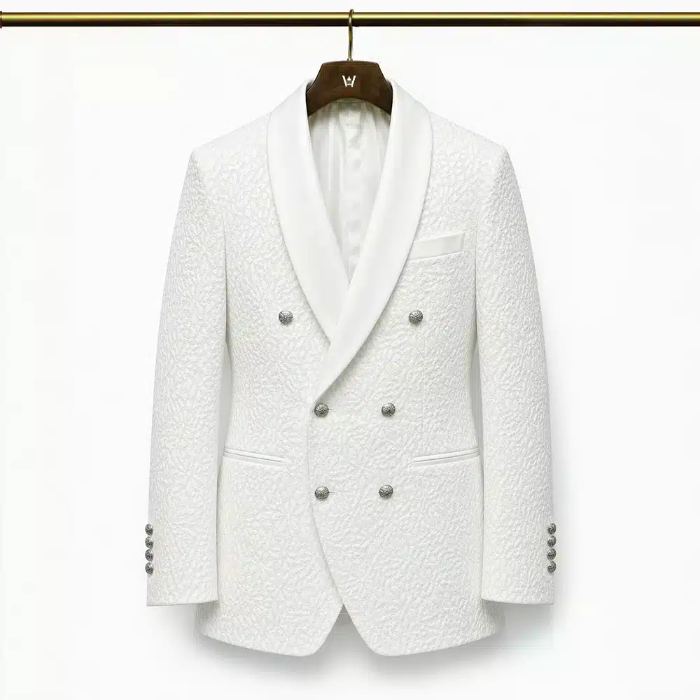 WHITE DOUBLE-BREASTED PEBBLE TUXEDO JACKET