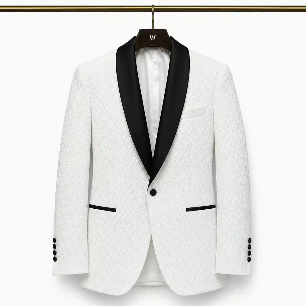 WHITE PATTERNED TUXEDO JACKET WITH CONTRAST LAPEL